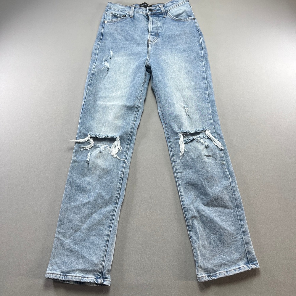 Fashion Nova Jeans Womens 9 Blue Denim Cotton Ripped Straight Leg High Rise